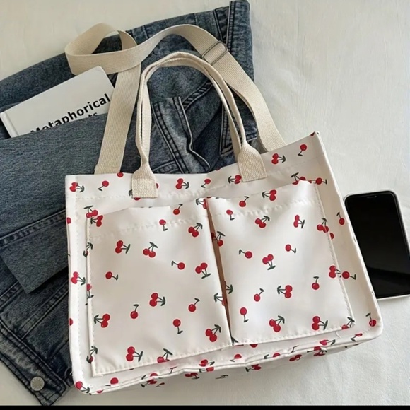 NWOT Cream Cherry Print Nylon Tote Bag - Picture 1 of 11